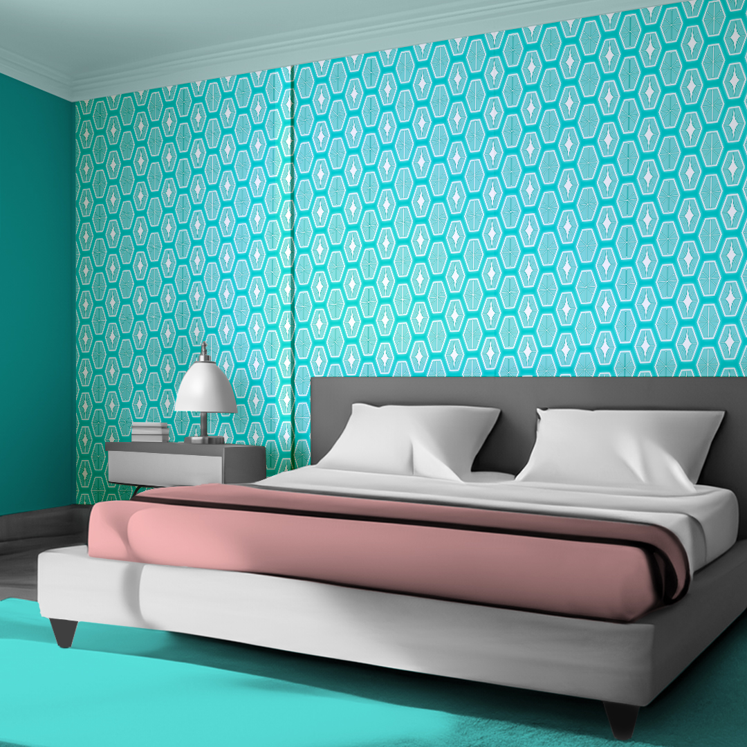 The artwork consists of a red square background with a repeating pattern of starburst shapes created by intersecting elongated lines. These lines are light-colored, contrasting sharply against the red background. The lines form multiple four-pointed stars with varying lengths and thicknesses, radiating outward in a geometric arrangement. The composition presents a clean, mid-century modern aesthetic, emphasizing simplicity and bold contrasts.